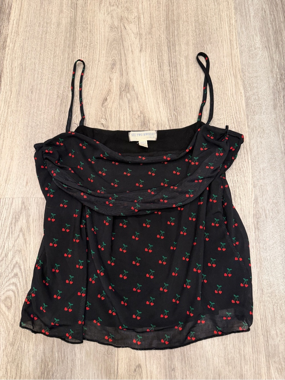 See You Monday Large Black Cherry Print Mesh Cowl Neck Cami Top Y2K